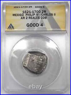 1621-1700 Mexico Silver 2 REALES Cob ANACS GOOD G-4 Carlos II