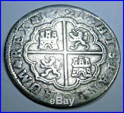 1721 Spanish Silver 2 Reales Piece of 8 Real Colonial Era Pirate Treasure Coin