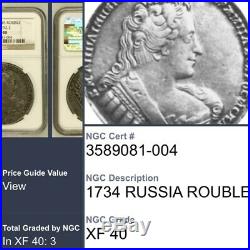1734 Russia Rouble NGC XF 40 SILVER World Coin EXTREMELY RARE TYPE