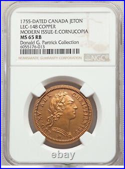 1755-Dated Louis XV LEC-148 Copper Restrike Franco-Canadian Jeton NGC MS65 RB