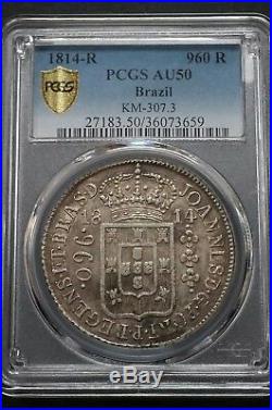 1814 R Brazil Large Crown Silver 960 Reis AU 50 PCGS South America World Coin