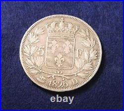 1826 D France 5 Francs Charles X Type 1 Rare Lyon Mint Original Toning