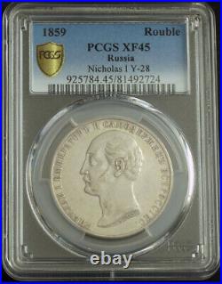 1859, Russia, Alexander II. Nicholas I Memorial Silver Rouble Coin. PCGS XF45