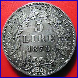 1870 Vatican 5 Lire Silver Pius IX Rome Xxv-r Rare Papal Italian States Old Coin