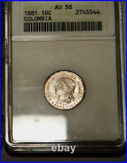 1881 Colombia 10 Centavos Silver AU58 Coin Uncirculated Wow Key Bogotá Dime