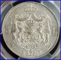1883, Romania (Kingdom), Carol I. Beautiful Large Silver 5 Lei Coin. PCGS AU-53
