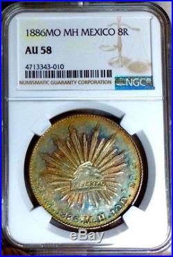 1886 Mo M. H. Mexico Silver 8 Reales- NGC AU 58 Green-Blue Toned
