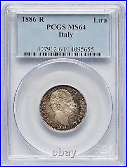 1886-R Italy Umberto I Lira Rome Mint KM24.1 PCGS MS64 Attractive Semi PL Toned