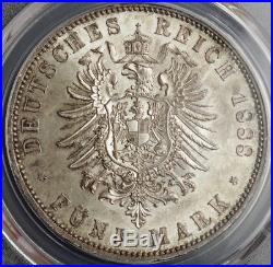 1888, Prussia/Germany, Wilhelm II. Silver 5 Mark Coin. Rare Key-Date! PCGS MS63