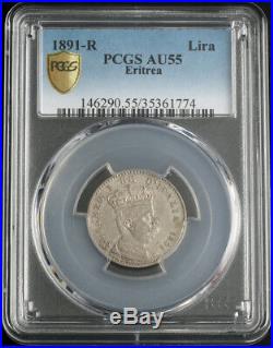 1891, Eritrea (Italian Colony), Umberto I. Rare Silver 1 Lira Coin. PCGS AU-55