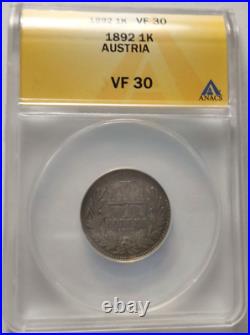 1892 Austria Empire 1 Corona silver Graded VF30 by ANACS 1st Year Key Date 3A