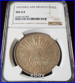 1901 Mo AM Mexico Peso Silver NGC MS 63 Liberty Cap Choice BU, Original