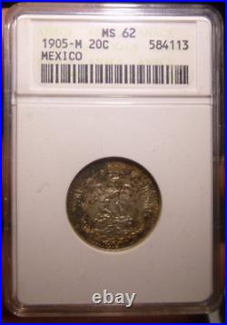 1905-M Mexico 20 Centavos ANACS MS62 Toned