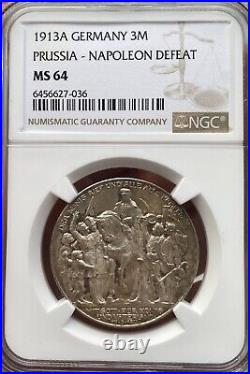 1913a 3 Marks Germany Prussia Napoleon Defeat Ngc Ms64
