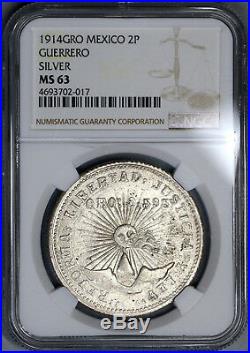 1914 NGC MS 63 Guerrero Silver Gold 2 Pesos Mexico Revolution Coin (18062001C)