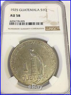 1925 Guatemala 1 Quetzal silver, 2k mintage, NGC AU-58, rarely seen