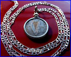 1928 Irish Lucky Sixpence Hound Harp Pendant 22 925 Italian Sterl Silver Chain