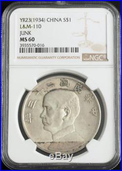 1934, China (Republic). Large Silver Chinese Junk Dollar Coin. NGC MS-60