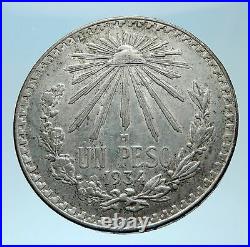 1934 M MEXICO Large Eagle Liberty Cap Mexican Antique Silver 1 Peso Coin i77981