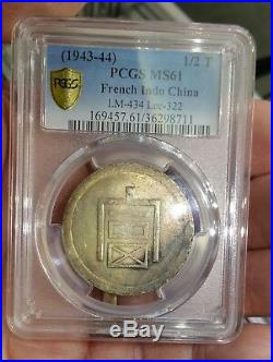 1943-1944 French Indo China Half Tael Silver Coin PCGS L&M-433 Lec-324 MS61