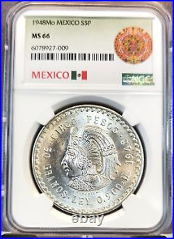 1948 Mexico Silver 5 Pesos S5p Cuauhtemoc Ngc Ms 66 Beautiful Gem Bu Coin