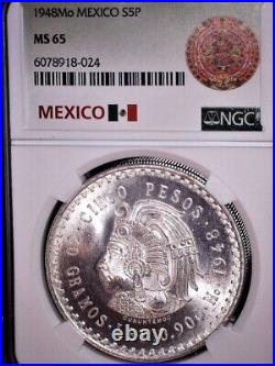 1948 Mo, Mexico 5 Silver Peso, NGC MS65, Gem Grade