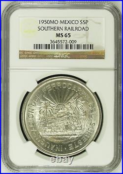 1950 Mexico Silver 5 Pesos NGC MS65 Southern Railroad