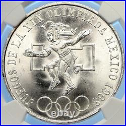 1968 Mexico XIX Olympic Games AZTEC Ball Player 25 Pesos Silver Coin NGC i98409