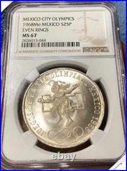 1968 Mo S25-PESOS MEXICO OLYMPICS KM#479.1 SUPERB NGC MS-67 TYPE-1 EVEN-RINGS