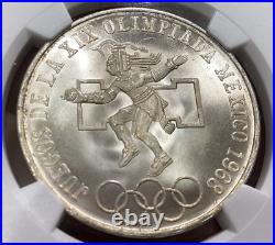 1968 Mo S25-PESOS MEXICO OLYMPICS KM#479.1 SUPERB NGC MS-67 TYPE-1 EVEN-RINGS