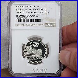 1985 Mexico Silver 25 Pesos Hieroglyphs World Cup Ngc Pf 69 Ultra Cameo Top Pop