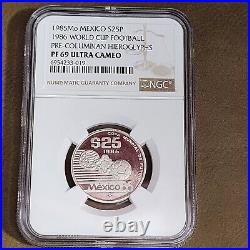 1985 Mexico Silver 25 Pesos Hieroglyphs World Cup Ngc Pf 69 Ultra Cameo Top Pop