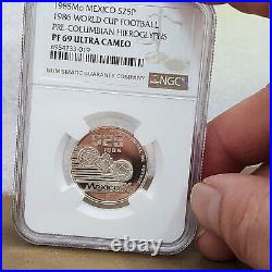 1985 Mexico Silver 25 Pesos Hieroglyphs World Cup Ngc Pf 69 Ultra Cameo Top Pop