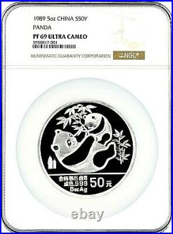 1989 China 5oz 50 Yuan Silver Proof Panda Coin NGC PF69 Ultra Cameo Very Rare