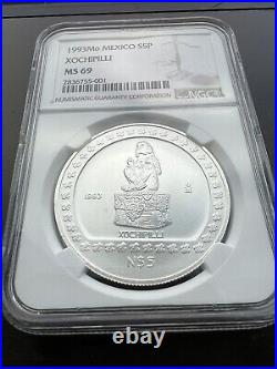 1993 Mexico Silver 5 Pesos S5p Xochipilli Ngc Ms 69 Top Pop