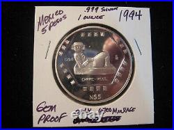 1994 Mexico Onza Silver 5 Pesos Gem Proof Only 6100 Minted Km 574