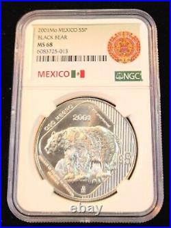 2001 Mexico Silver 5 Pesos Black Bear Ngc Ms 68 Scarce High Grade Oso Negro