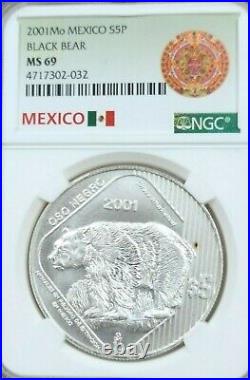 2001 Mexico Silver 5 Pesos Black Bear Ngc Ms 69 Very Scarce Oso Negro Top Pop