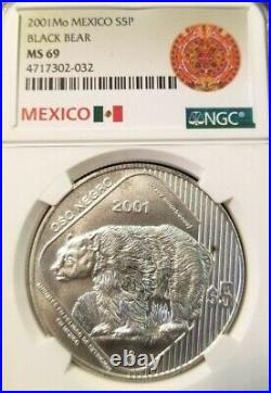2001 Mexico Silver 5 Pesos Black Bear Ngc Ms 69 Very Scarce Oso Negro Top Pop