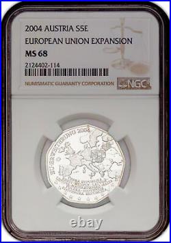 2004 Toned Austria European Union Expansion Silver 5 Euro Ngc Ms 68 Coin