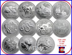 2008-2018 Australia Silver 1 oz Lunar Set 11 Coins, Mouse-Dog with display box