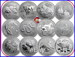 2008-2019 Australia 1 oz Lunar Silver Coins, Complete Set of 12, Mouse-Pig