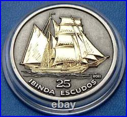 2011 Cabinda Angola 3D Silver Coin Sailing Ship Boat Gold Gilded 25 Escudos RARE