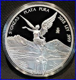 2015 Mexico 5oz Libertad Proof. 999 Silver Coin In Capsule Low Mintage