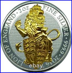 2016 The lion of England the Queen's Beasts 2 oz gilded silver bullion coin