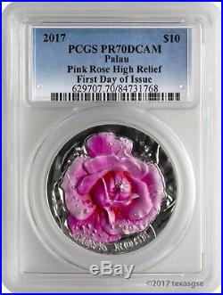 2017 $10 Palau Pink Rose 2oz. 999 Silver PCGS PR70DCAM First Day of Issue