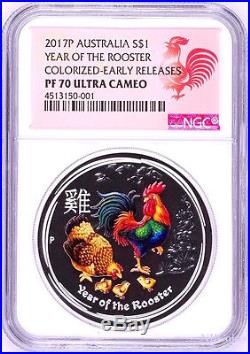 2017 Australia PROOF Colored Silver Lunar Year of the Rooster NGC PF70 1oz Coin
