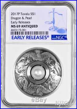 2017 P Tuvalu Dragon & Pearl ANTIQUED 1oz Silver $1 COIN NGC MS 69 ER