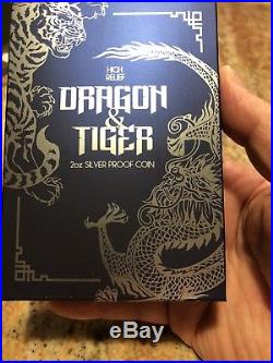 2018 2 Oz Australia Dragon & Tiger 9999 Silver High Relief Proof Coin/box & Coa