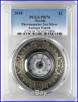 2018 $2 Tuvalu Thermometer Antique Finish 2oz 9999 Silver Coin PCGS PR70